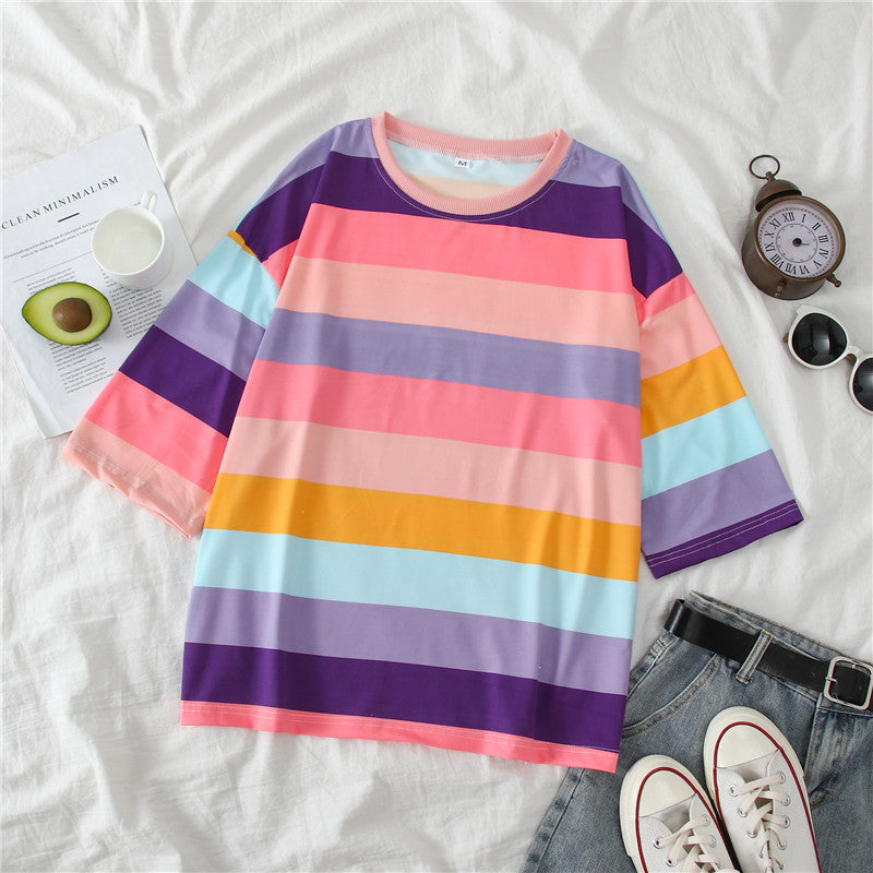 Rainbow Stripes Loose Hooded Sweater