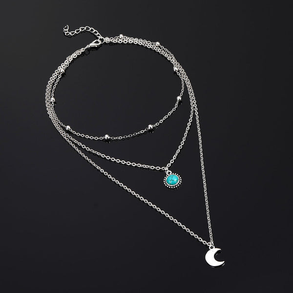 Turquoise Moon Necklace Fashionable Three-layer Chain