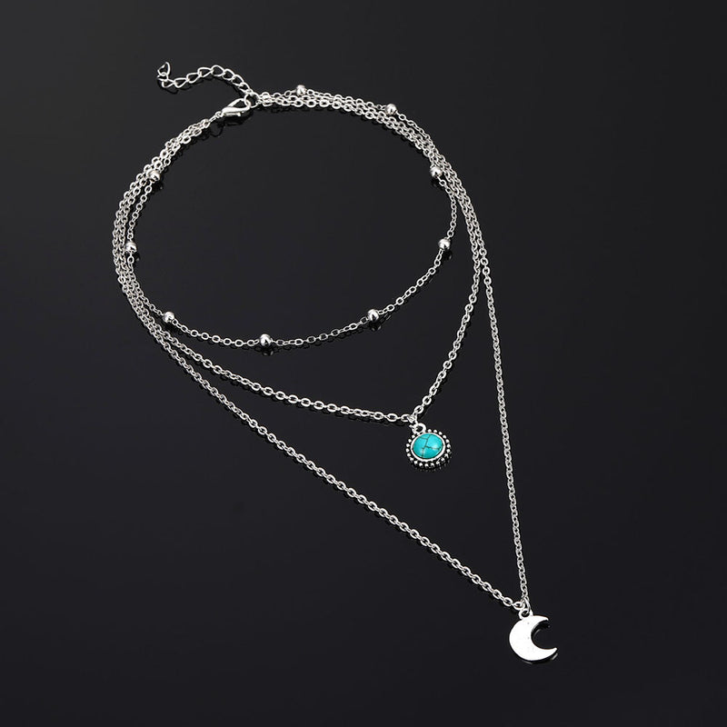 Turquoise Moon Necklace Fashionable Three-layer Chain