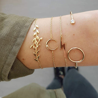 Trendy Gold, Silver, Crystal, Leaf, Moon, Cat Bracelet Set For Women