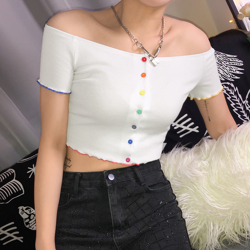 Colorful Button Off-Shoulder Navel Top