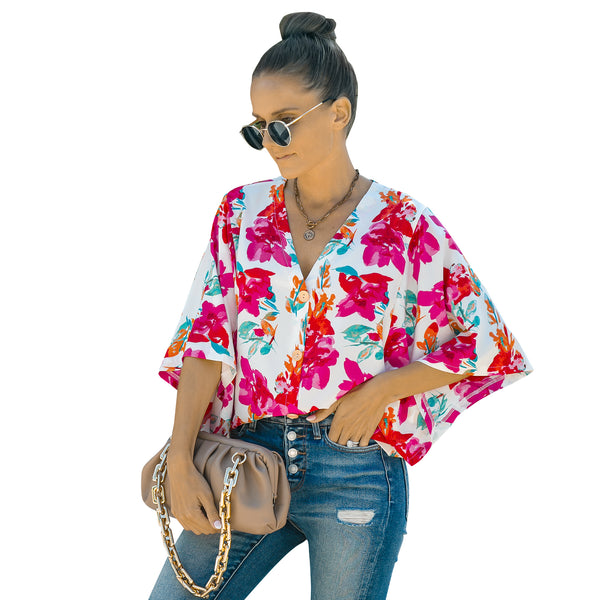 European And American Women's Five-quarter Sleeve Loose Floral Shirt