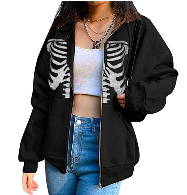 Women's Streetwear Hooded Jacket Skeleton Print Coat Loose Fit Long Sleeve Zipper Pullover Oversize Hoodies