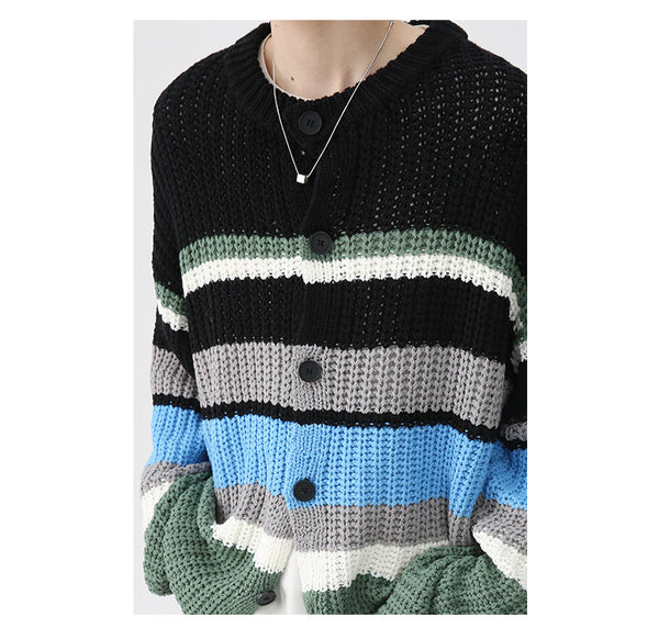 Autumn And Winter Men's Long-sleeve Cardigan Sweater Striped Coat