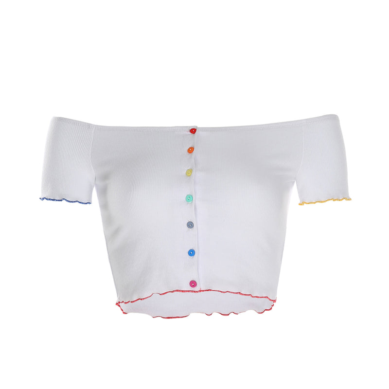 Colorful Button Off-Shoulder Navel Top