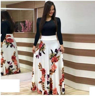 flower print color matching sexy long skirt dress