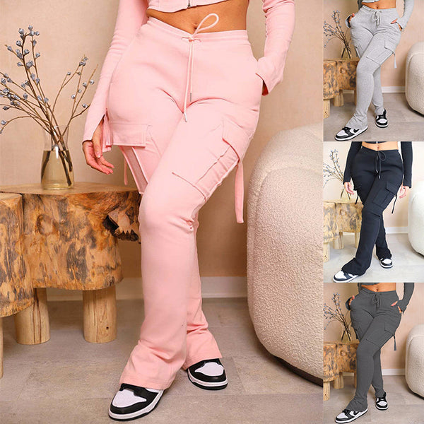 Cargo Pants With Pockets High Waist Drawstring Wide Leg Straight Trousers