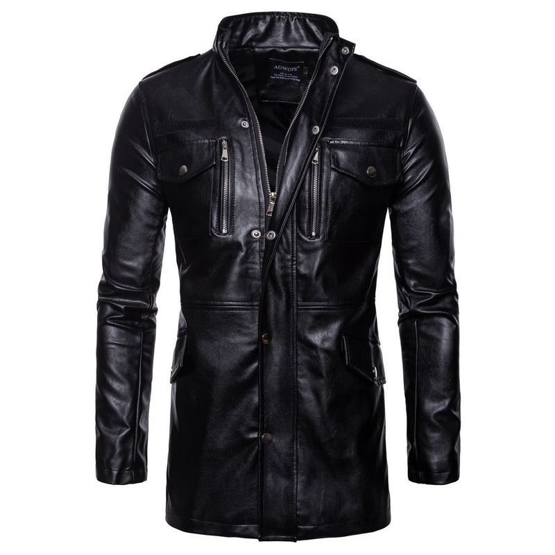 Large size stand-up collar men's leather jacket