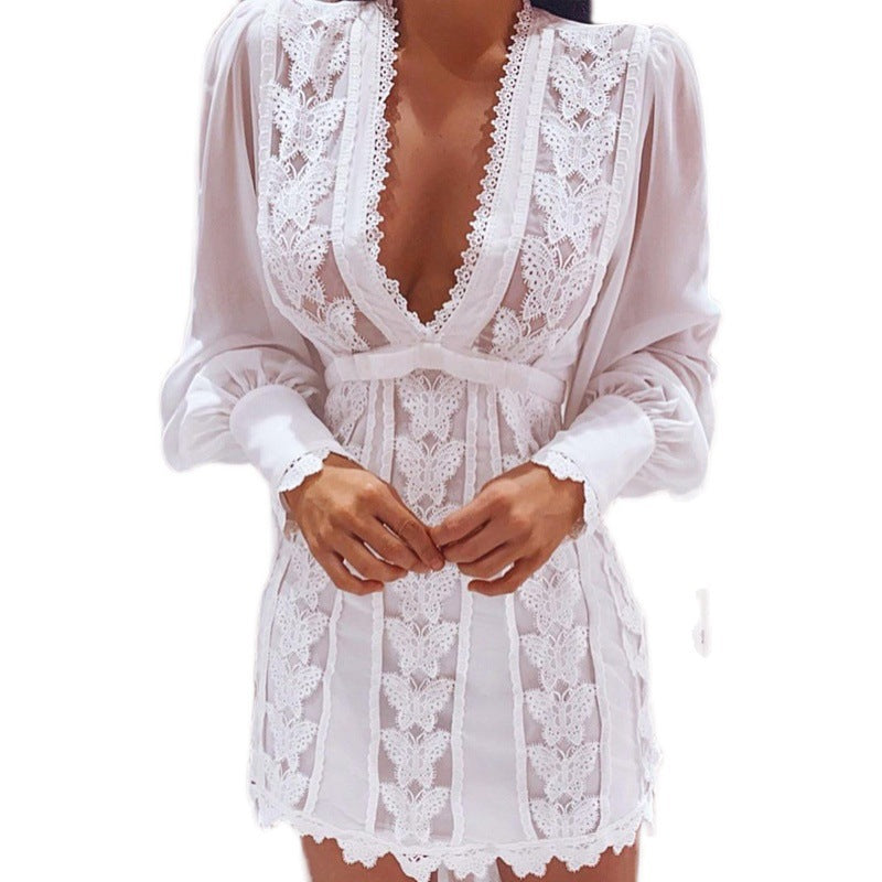 White Elegant Sexy V Neck Lace Dress Long Puff Sleeve Butterfly Dress