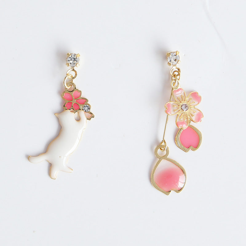 Cat Sakura Asymmetric Earrings