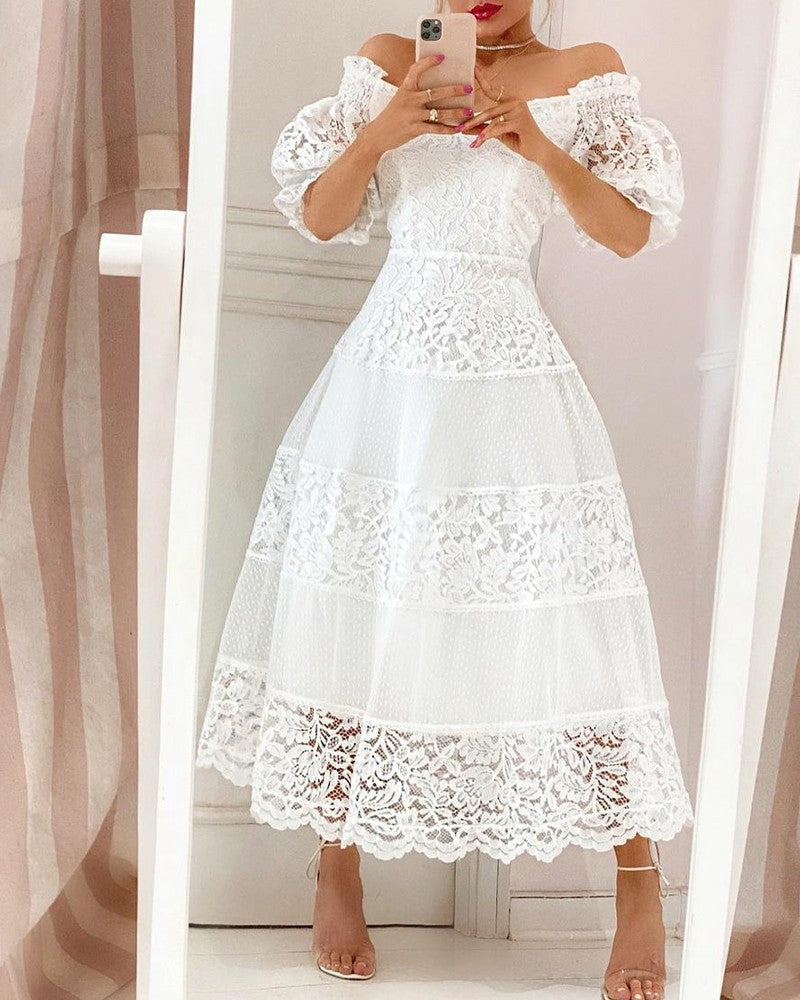 V Neck Lace Stitching Large Hem Puff Sleeve Temperament Dress