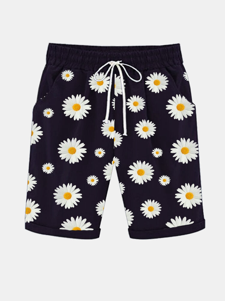 Cross-border Daisy Print Wide-leg Shorts Women