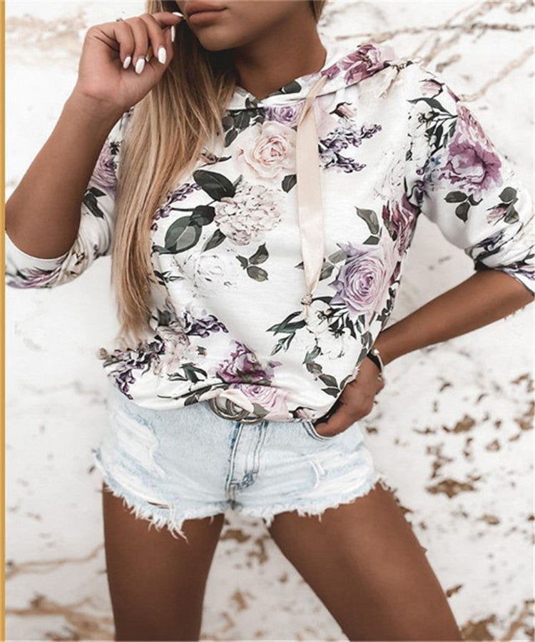 European And American Style Floral Print Hooded Sweater