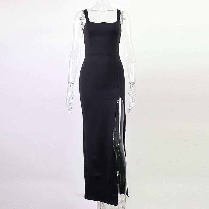 Solid Color Sleeveless Sexy Slit Mid-Length Suspender Dress