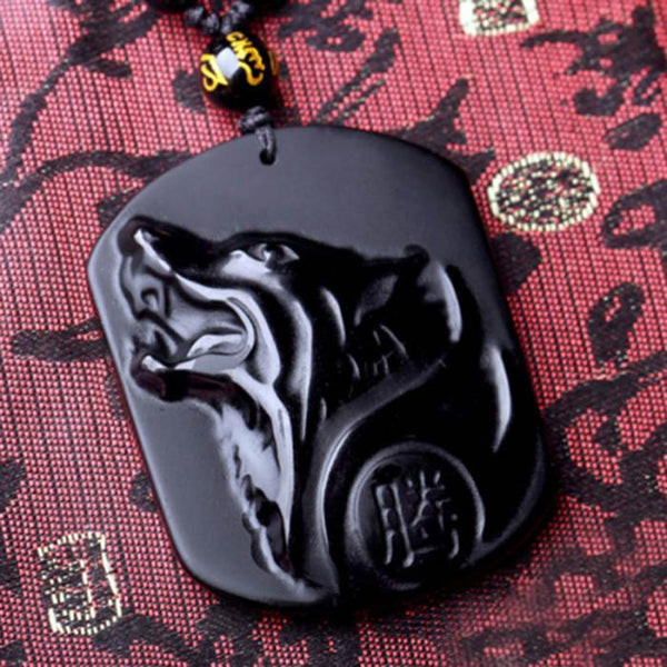 New Obsidian Carving Wolf Head Amulet Pendant Necklace