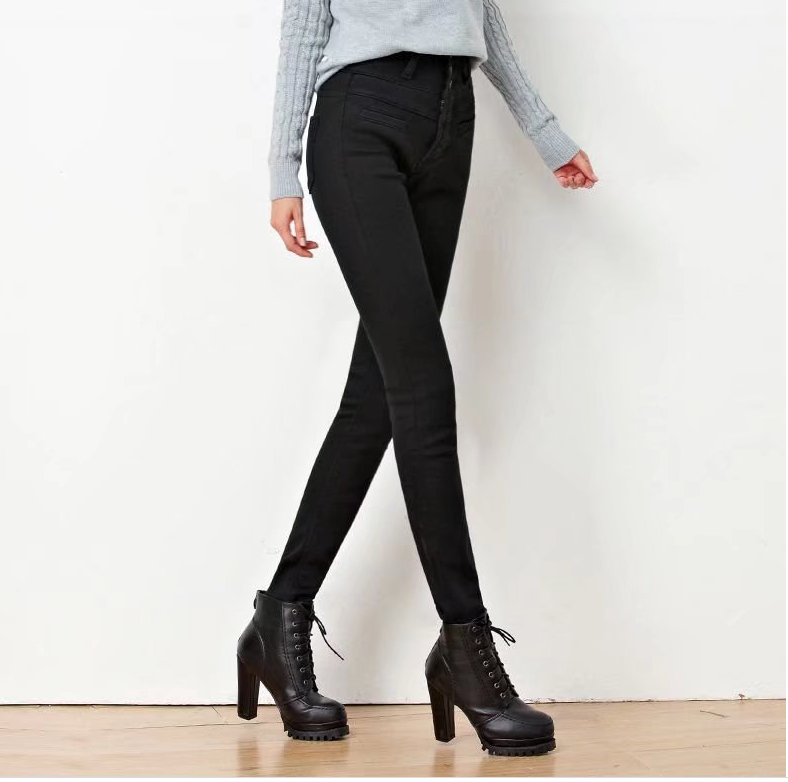 Black Plush Fleece Stretch Jeans