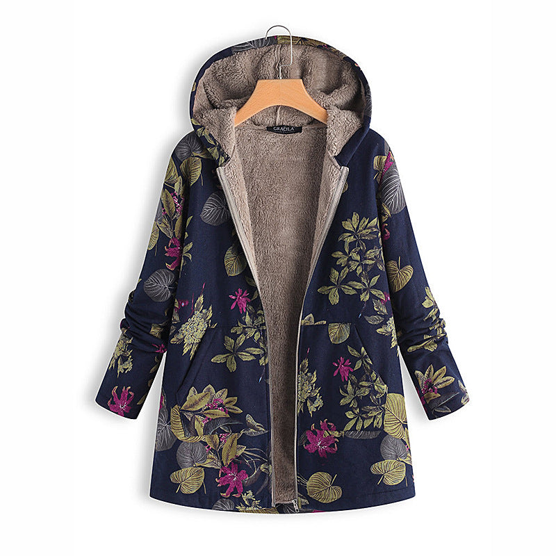 Women's Cotton And Linen Printed Hooded Sweater