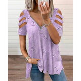 V-neck Zipper Printing Short-sleeved Loose Casual Women's top
