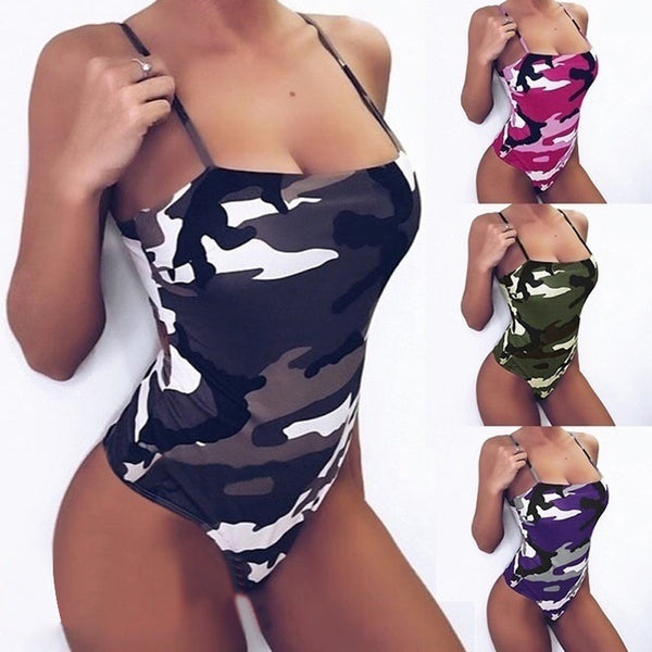 Slim-Fit Suspender Camouflage One-Piece Swimsuit