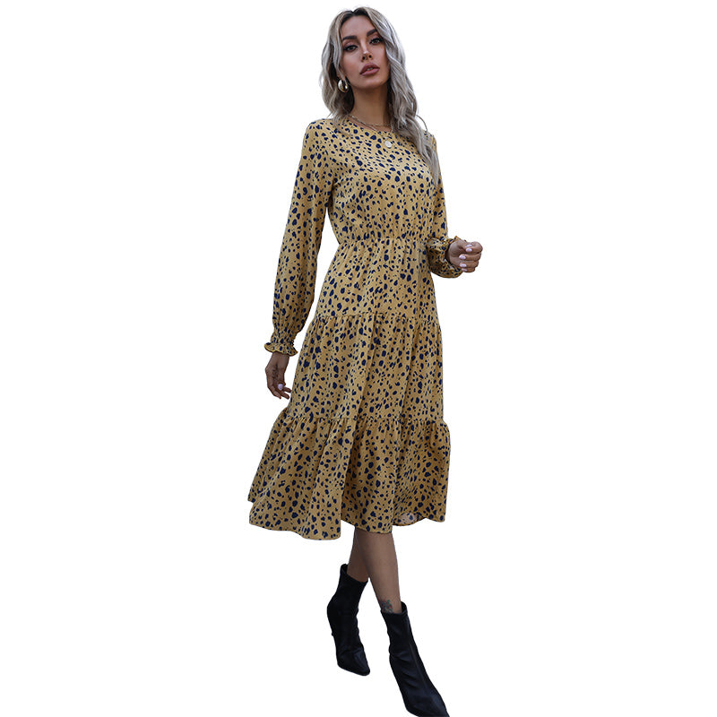 Leopard Print Halter Flared Long-Sleeved Dress