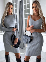 2pcs Suit Women's Solid Stripe Long-sleeved Top And Tight Suspender Skirt