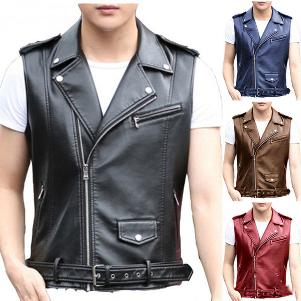 Short Slim Punk Motorcycle Vest Oblique Zipper PU Leather Jacket