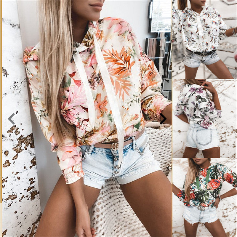 European And American Style Floral Print Hooded Sweater