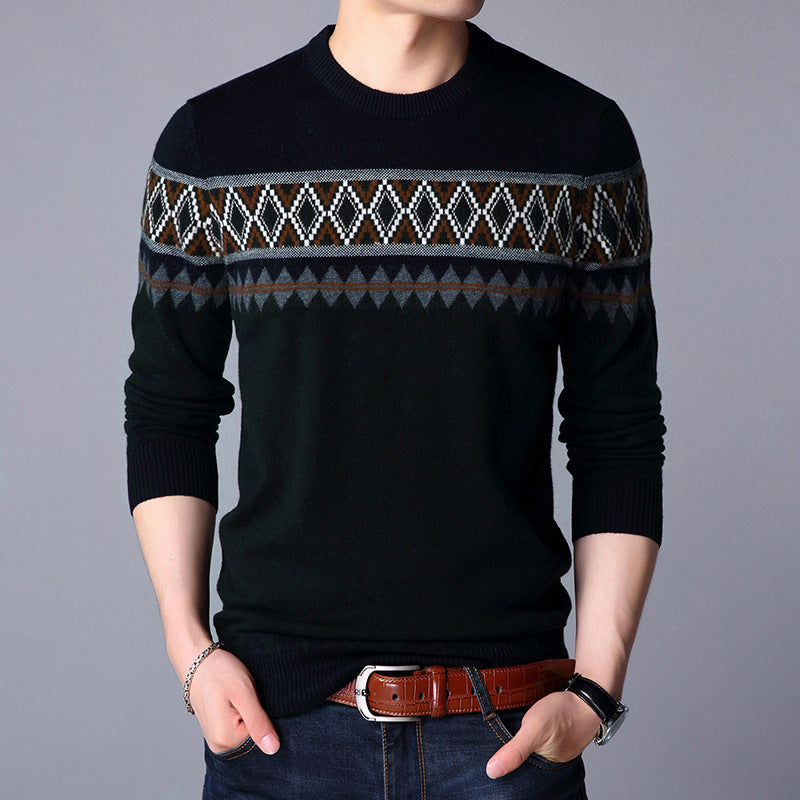 Men Knitted Pullover Round Neck Color Block Wool Sweater