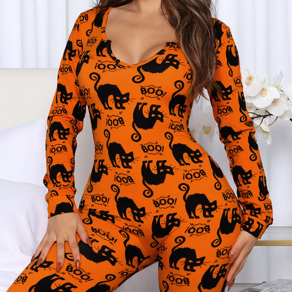 Halloween Printed Jumpsuit Long Sleeve Home Pajamas