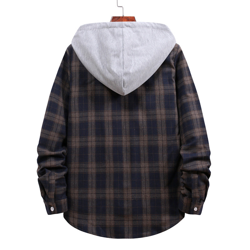 Men's Autumn Youth Casual Cardigan Plaid Hooded Jacket