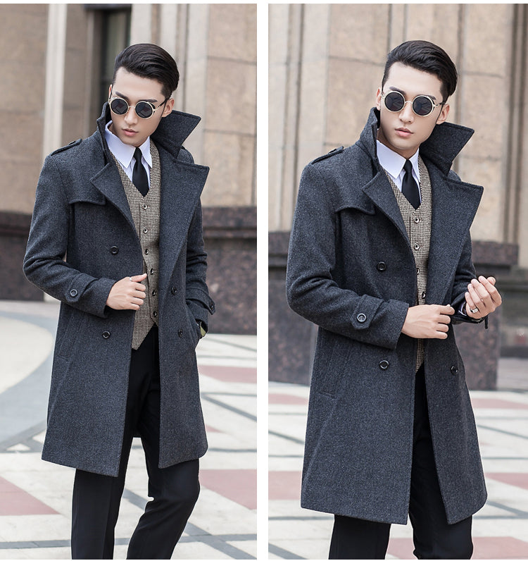 Woolen Striped Double Breasted Thickened Warm Windbreaker trench coat