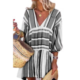 Women's Striped Print V Neck Three Quarter Sleeve Dress