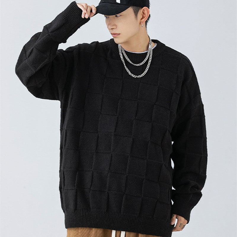 Men's Checkerboard Sweater Versatile Crew Neck
