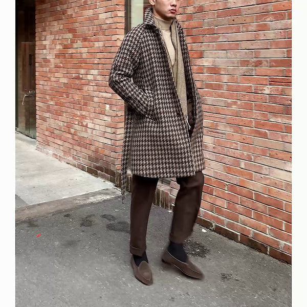 Houndstooth Men's Warm Mid-length plaid trench coat