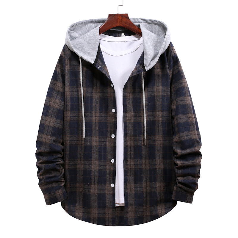 Men's Autumn Youth Casual Cardigan Plaid Hooded Jacket