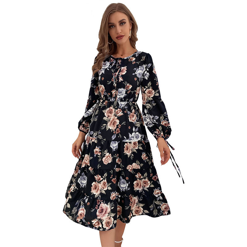 Buttoned Printed Long Sleeve sexy Dress