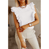 Women's Loose Round Neck Solid Color Ruffle Short Sleeve Shirt