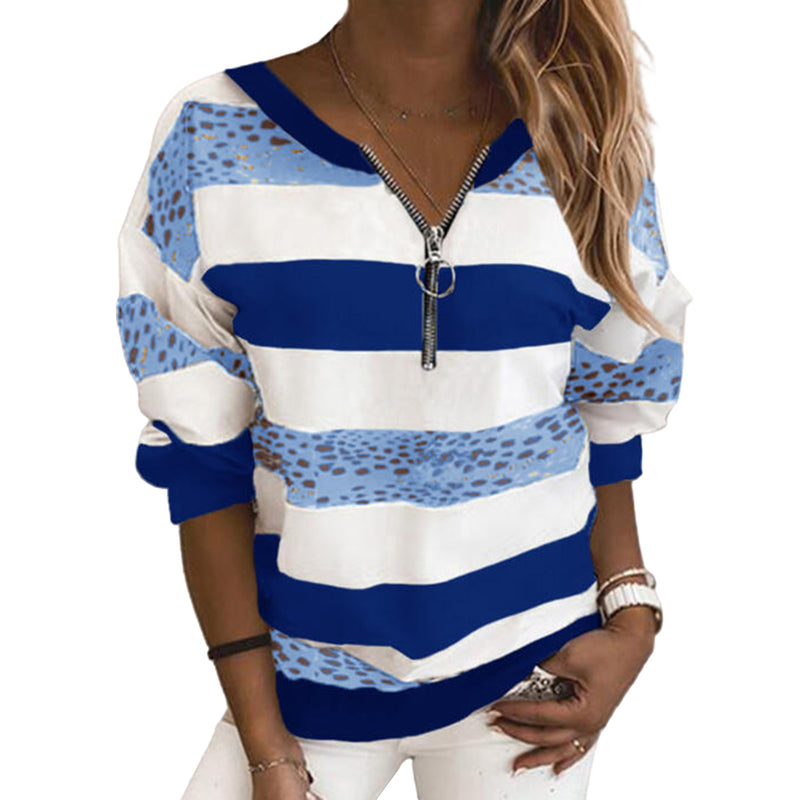 Striped Printed Pullover Loose Zipper Sweater