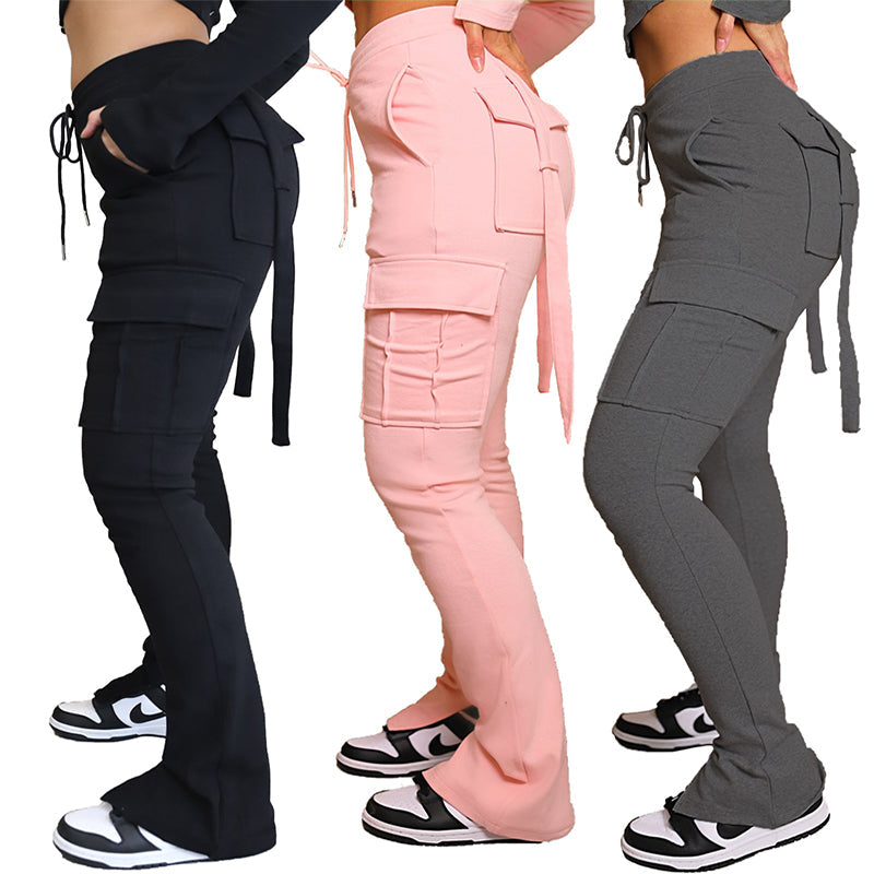 Cargo Pants With Pockets High Waist Drawstring Wide Leg Straight Trousers